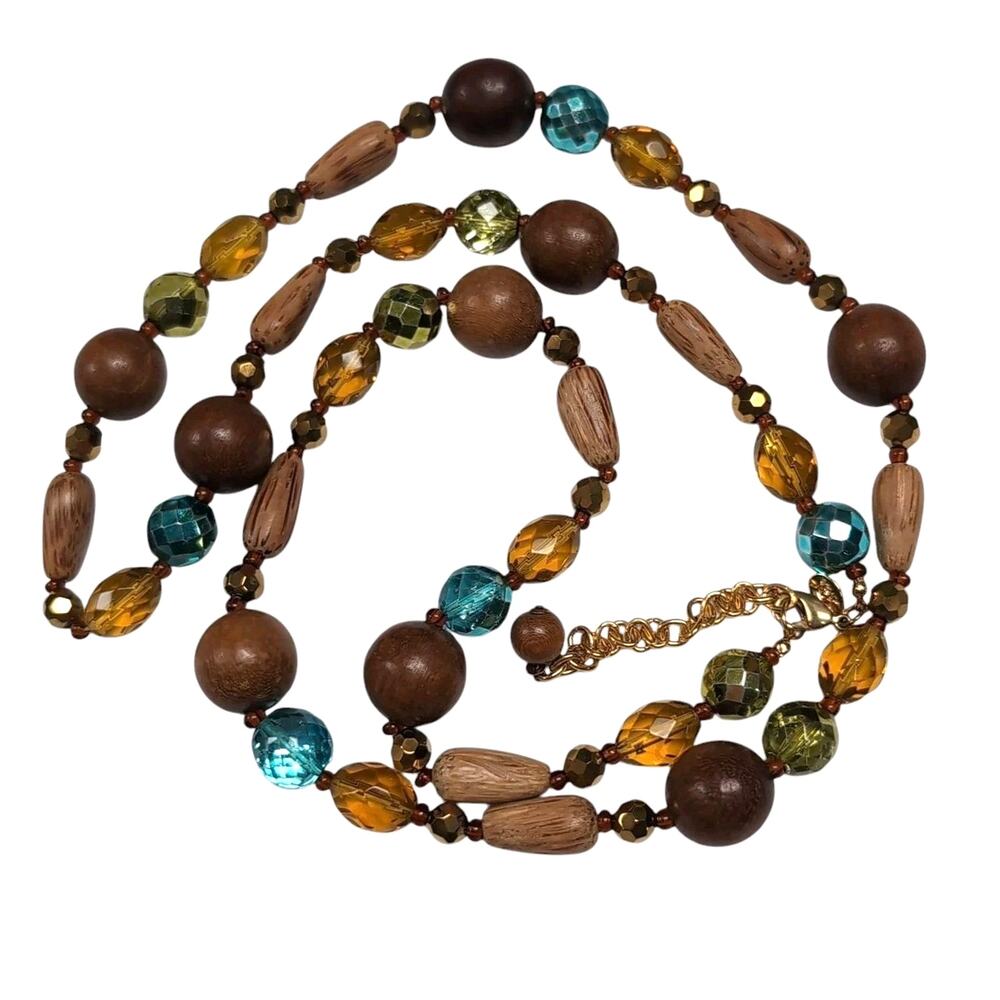 Joan Rivers Long Beaded Necklace with Clasp Mixed Media Blue Brown Gold Tone 41"